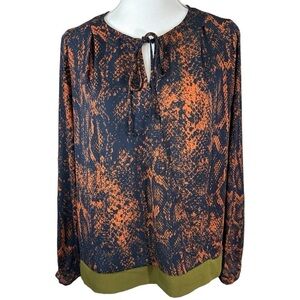 Cabi- Navy/Orange Snake Print Long-sleeved Faux Wrap Blouse- Size S
